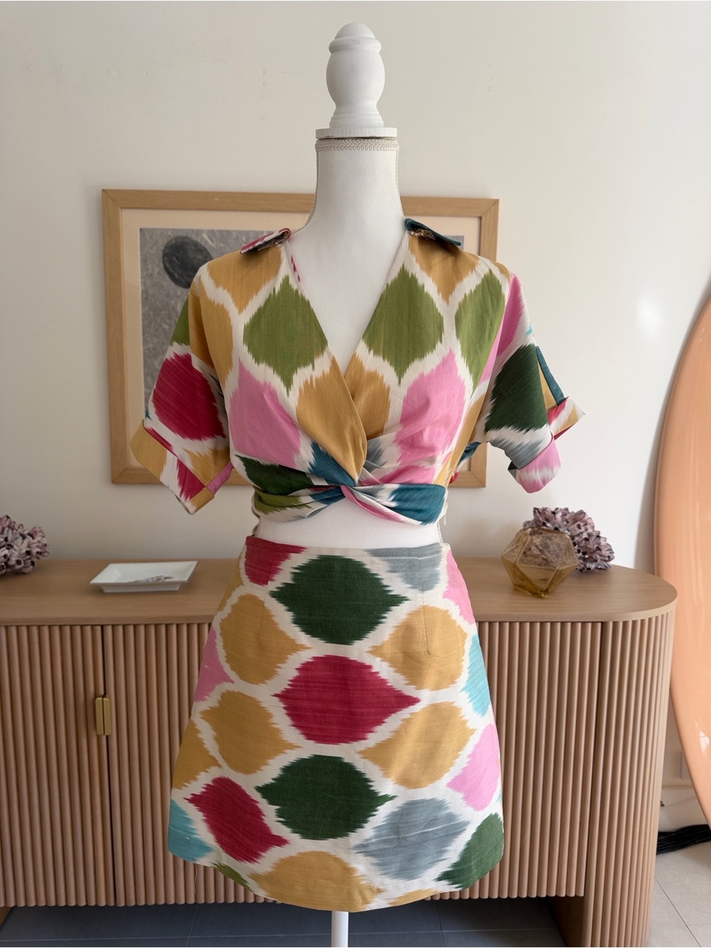 Multicolor Ikat Print skirt with Twist Crop Top